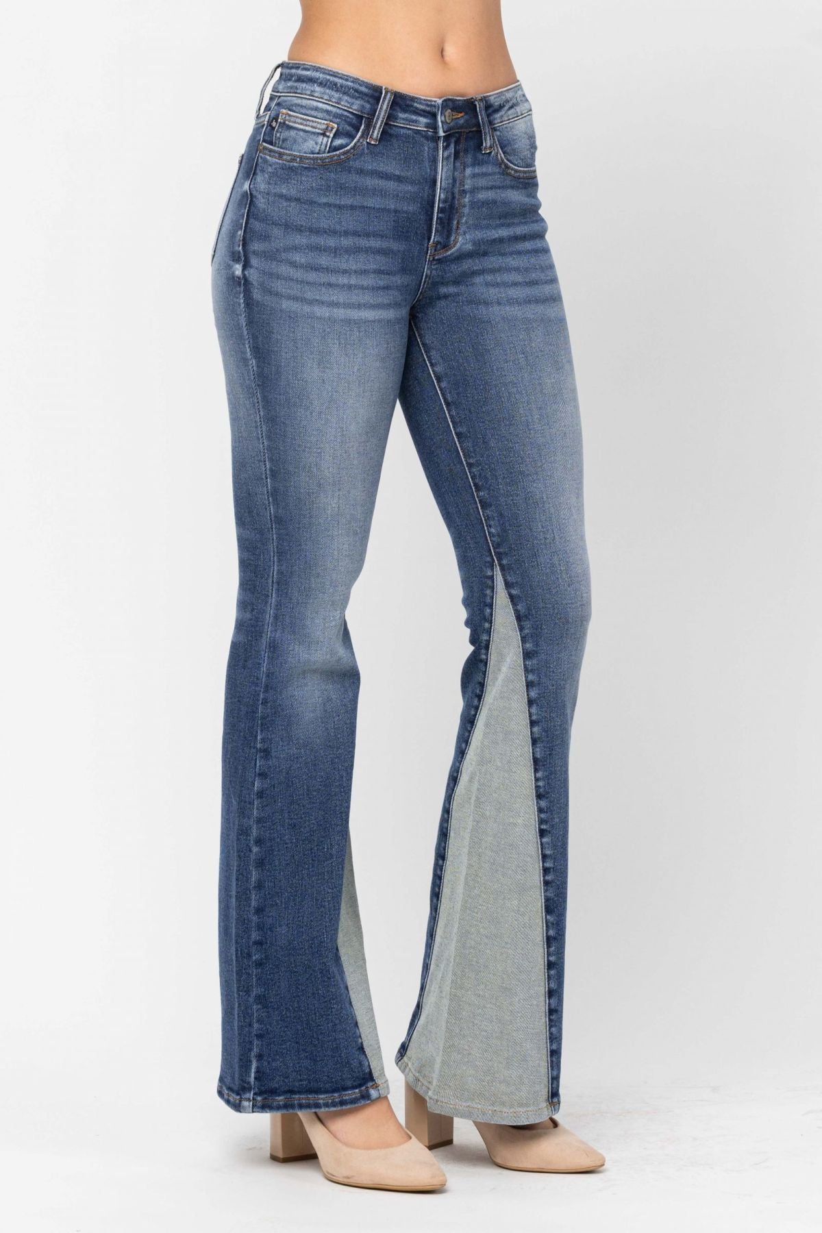 Judy Blue Mid-Rise Two Tone Panel Flare Jeans