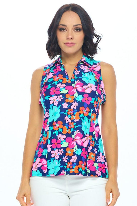 Navy Floral Polo Top