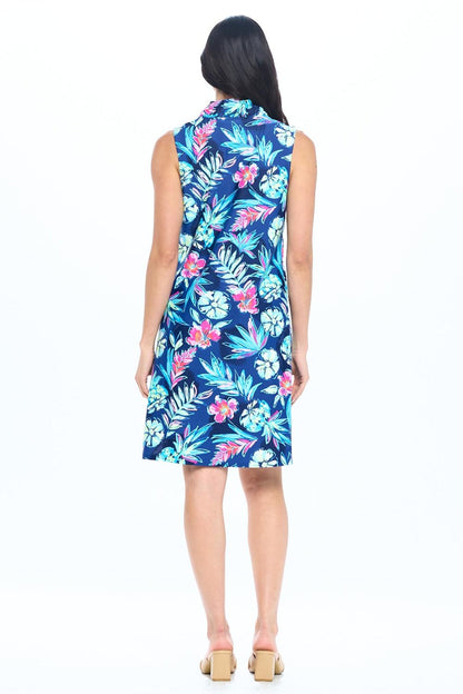 Navy Floral Ruffle Neck Dress