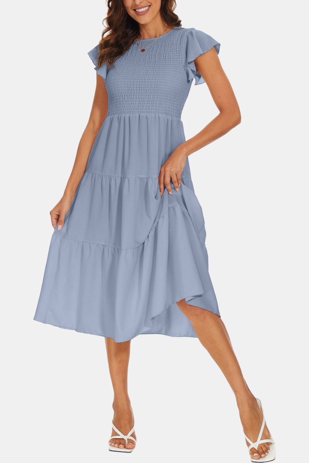 Round Neck Smocked Flutter Sleeve Tiered Dress