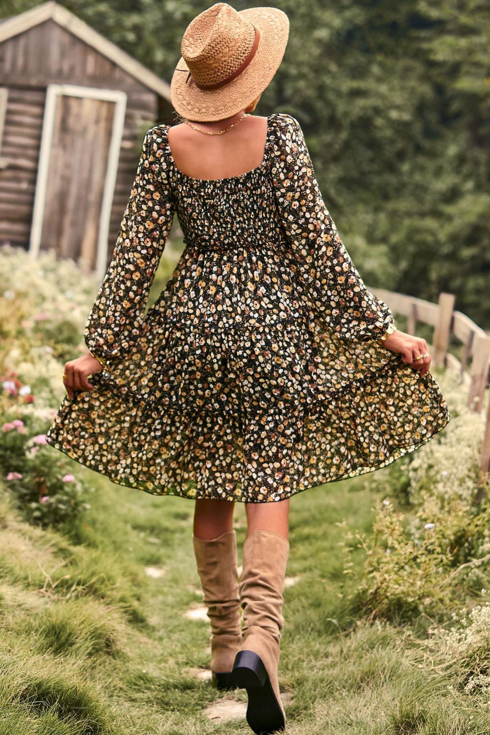 Printed Off-Shoulder Frill Trim Tiered Dress