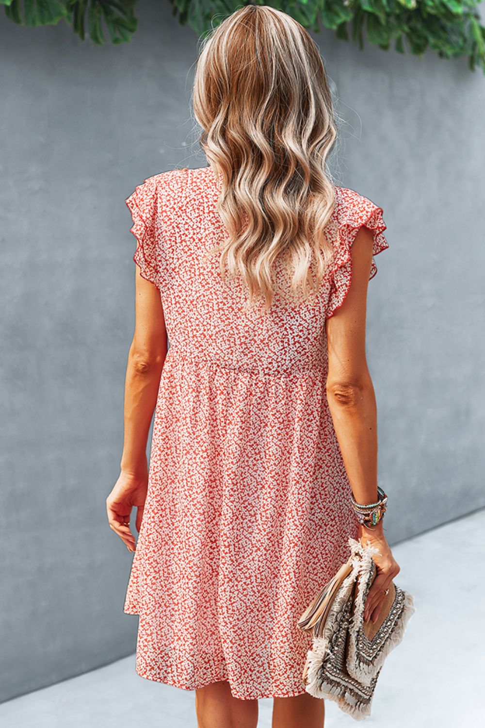 Printed V-Neck Flutter Sleeve Dress