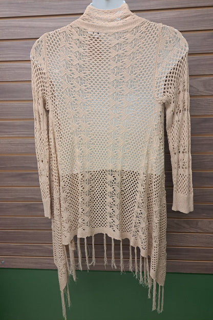 Beige crocheted open sweater with fringe