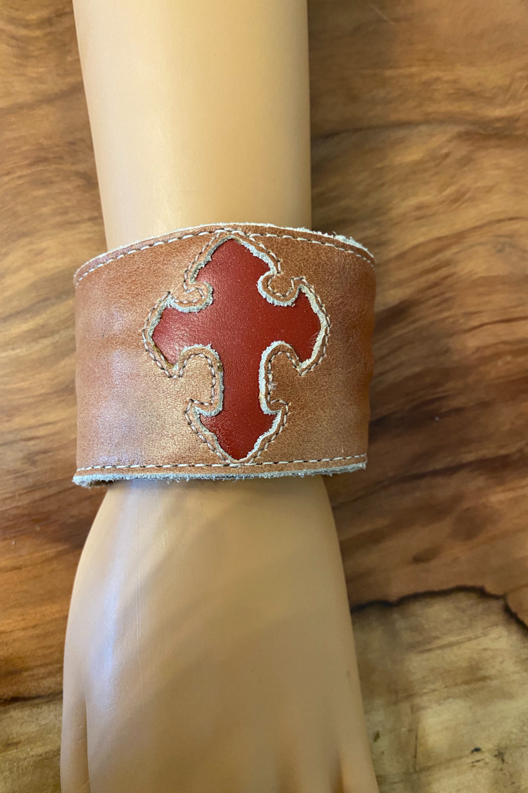 Beige Handmade Leather Cross Cuff