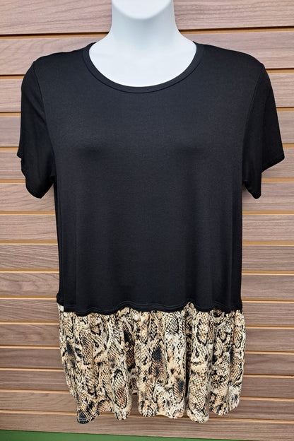 Black leopard ruffled bottom long t-shirt