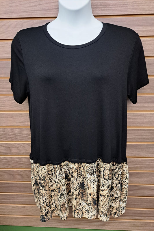 Black leopard ruffled bottom long t-shirt