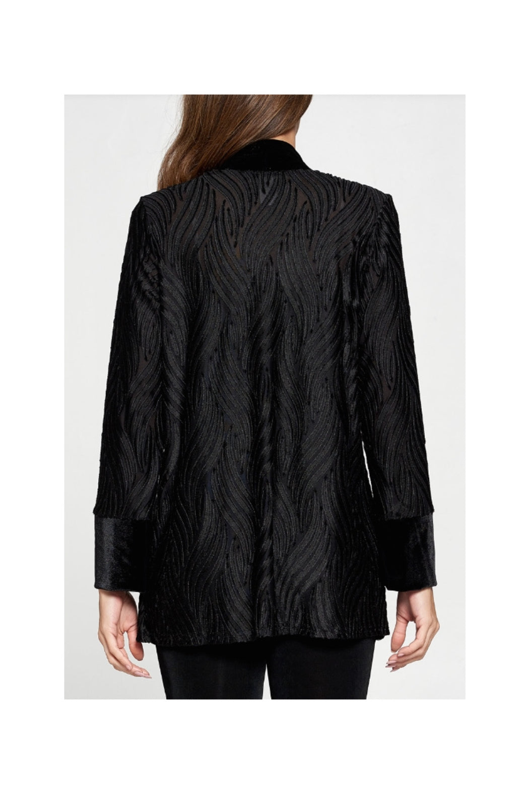 Black Velvet Burnout Jacket with Solid Black Velvet Front Band and Cuff