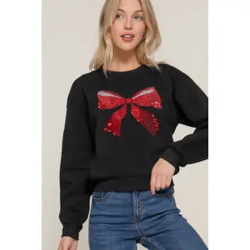 Black Long Sleeve Crew Neck Bow Sequin Detail Inner Fleece Sweatshirt