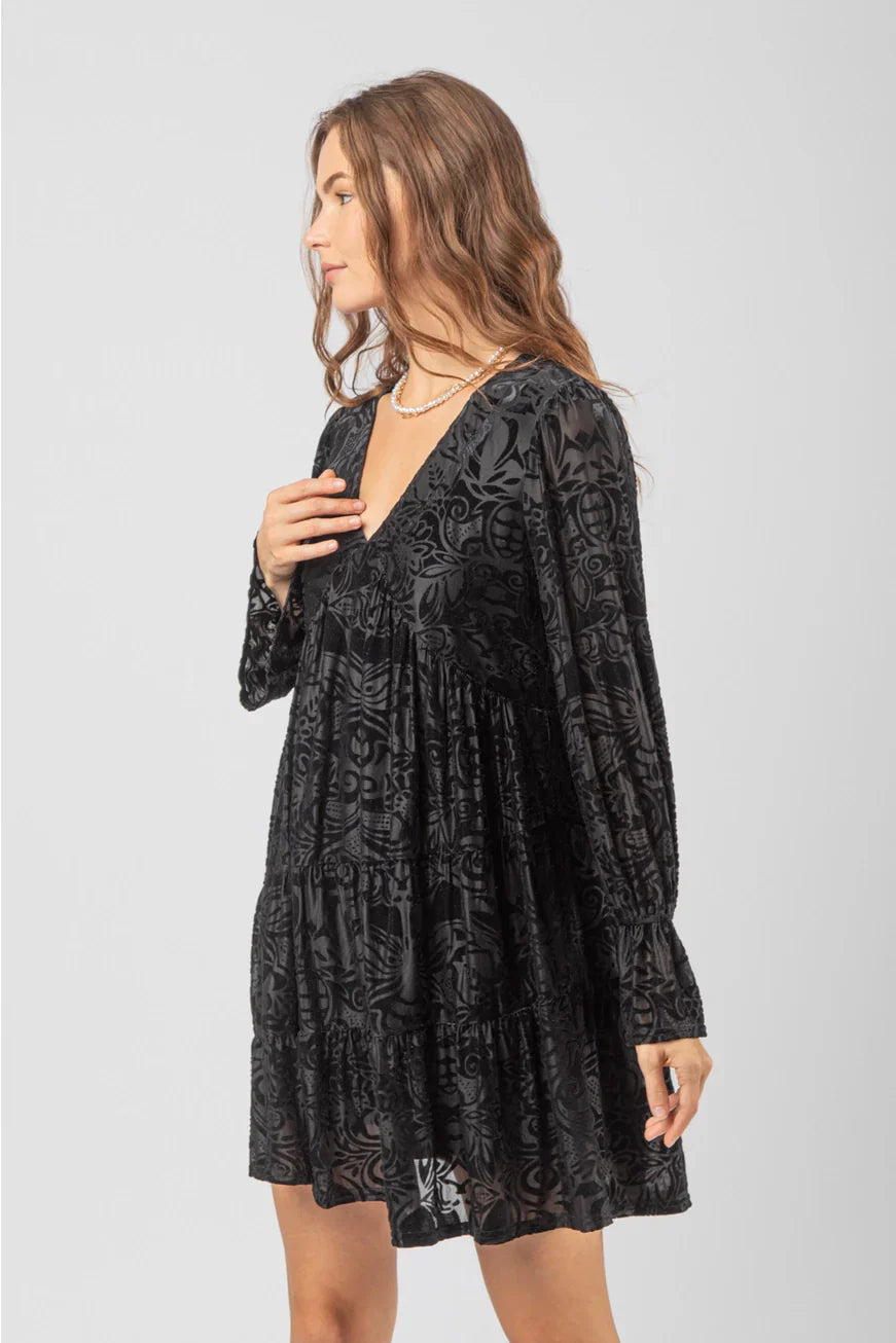 Black Deep V-Neck Jacquard Velvet Holiday Mini Dress