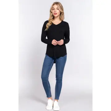 Women's Black Long Dolman Sleeve V-Neck Rayon Span Jersey Top