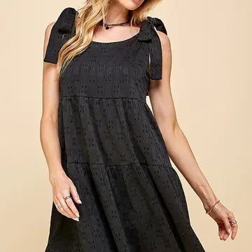 Women's Tiered Midi Dress with Ribbon Tie