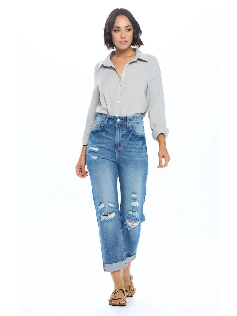 High Rise Ripped Boyfriend Jeans