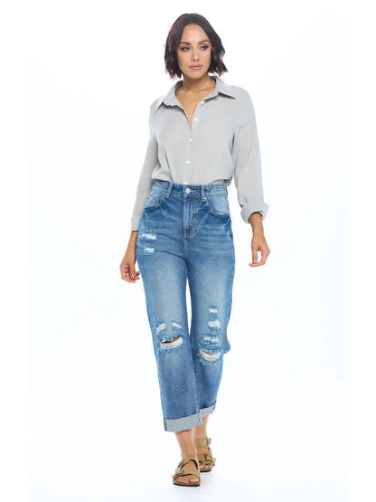 High Rise Ripped Boyfriend Jeans