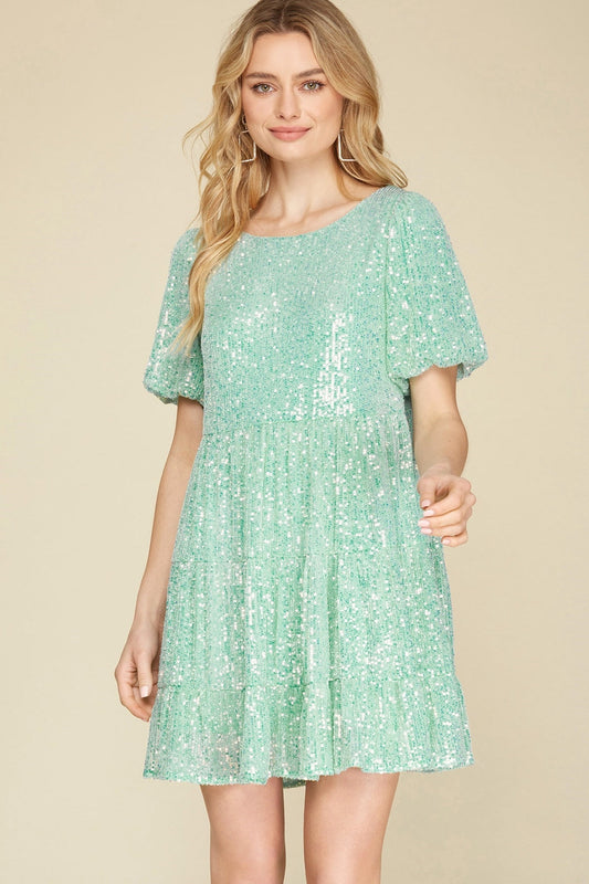Bubble-sleeve sequin dress