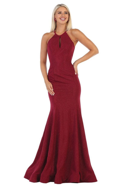 Burgundy Glitter Fit & Flare Formal Long Dress