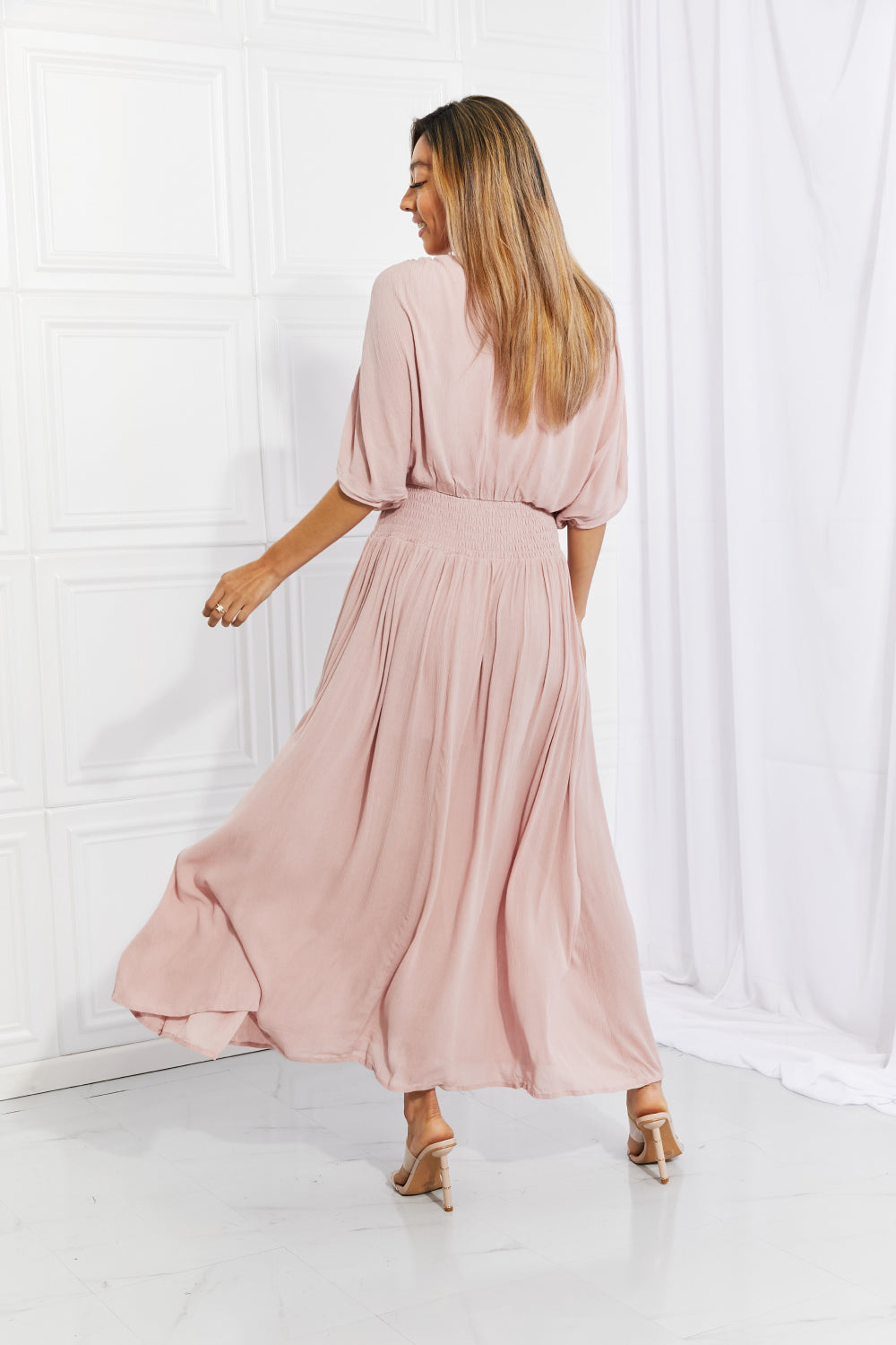 HEYSON Full Size Napa Valley Gauze Surplice Midi Dress in Dusty Pink