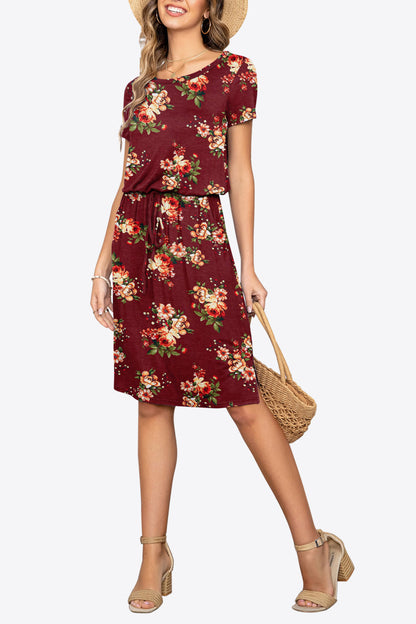 Round Neck Short Sleeve Slit Dress With Pockets