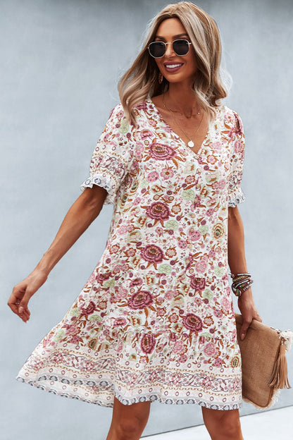 Floral V-Neck Flounce Sleeve Dress