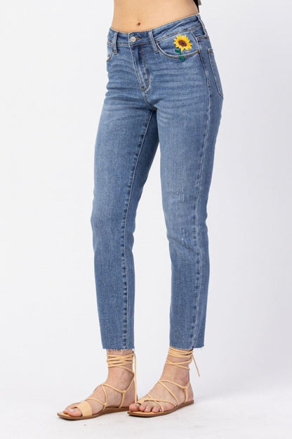 Judy Blue High Rise Relaxed Sunflower Embroidery Jeans