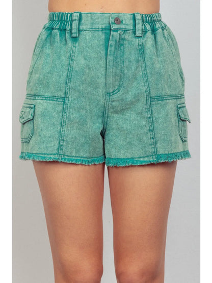 Green Washed Cotton Twill Washed Denim Cargo Shorts