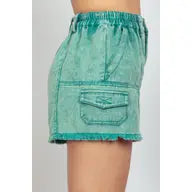 Green Washed Cotton Twill Washed Denim Cargo Shorts