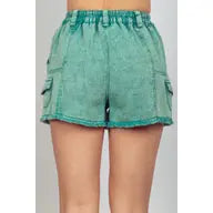 Green Washed Cotton Twill Washed Denim Cargo Shorts