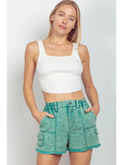 Green Washed Cotton Twill Washed Denim Cargo Shorts