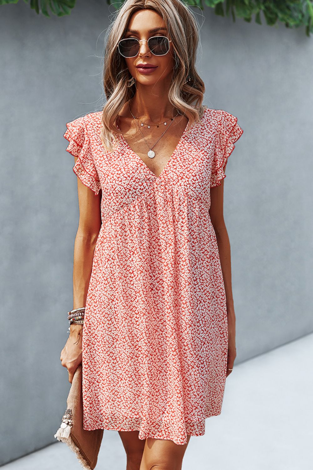 Printed V-Neck Flutter Sleeve Dress