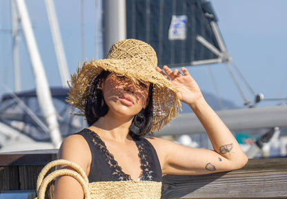 Karin Crochet & Macrame Straw Sun Hat with Raw Fringe Edge