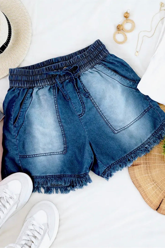 Chambray Frayed Hem Shorts With Pockets