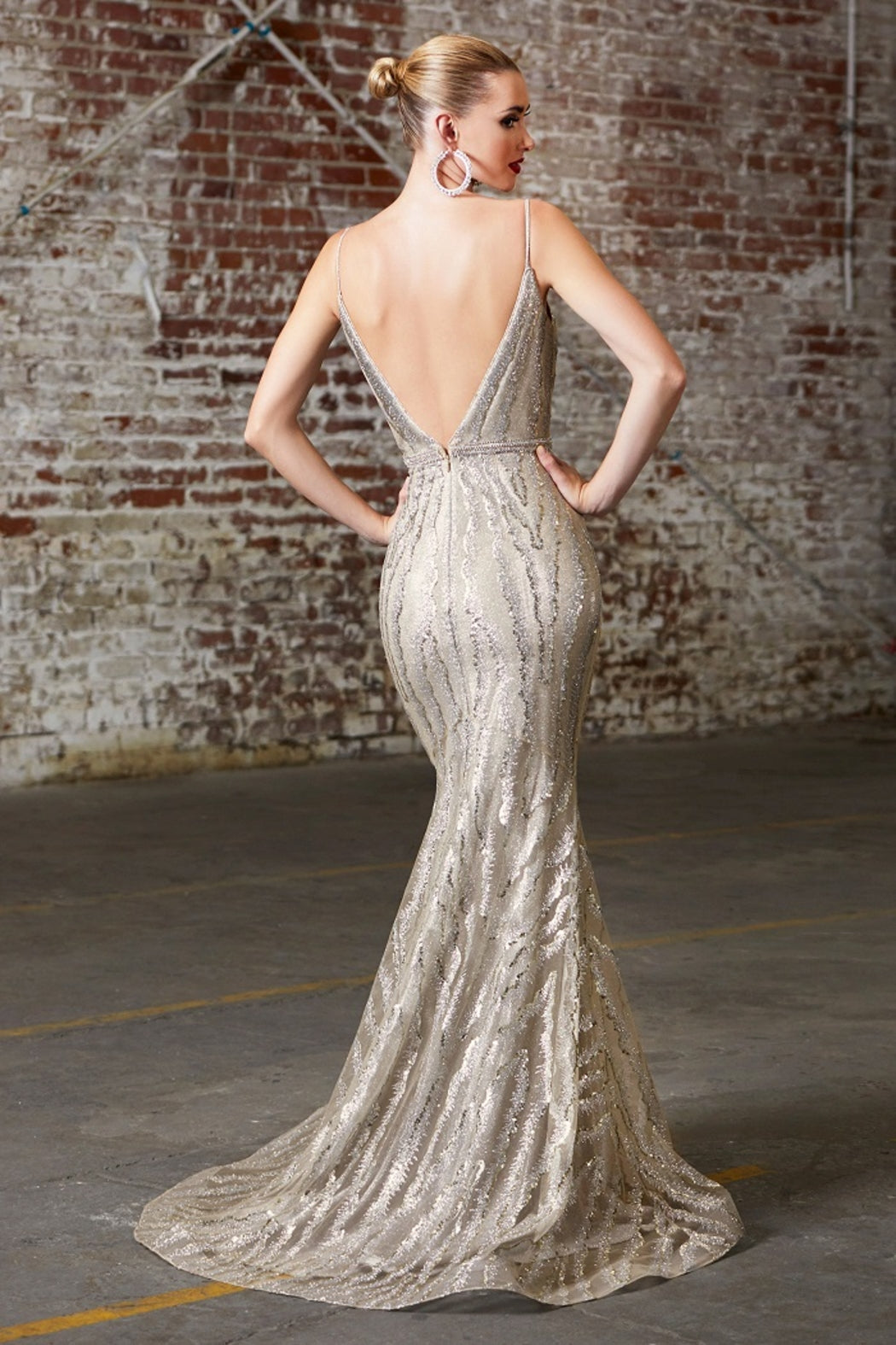 Champagne Glitter Fit & Flare Long Formal Dress