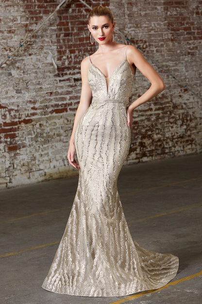 Champagne Glitter Fit & Flare Long Formal Dress