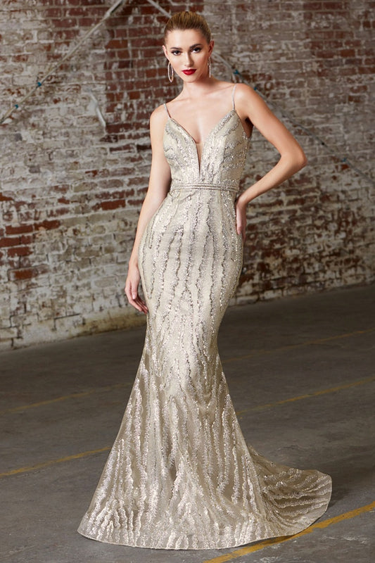 Champagne Glitter Fit & Flare Long Formal Dress