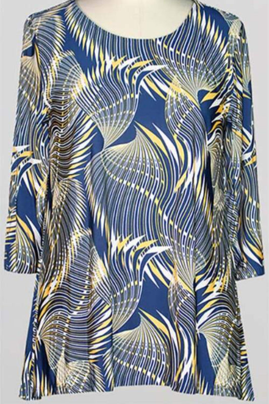 Chic comfort multi print tunic, shark bite hem line with 3/4 sleeve.