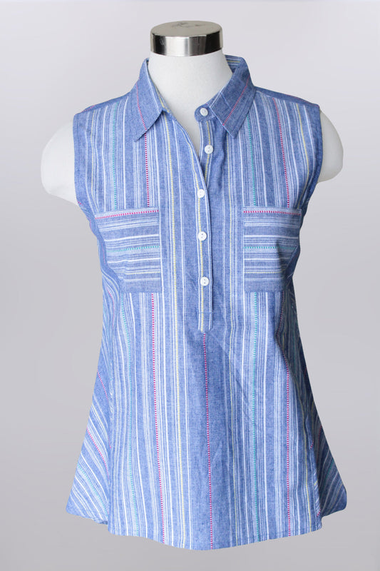 Collared, button sleeveless top