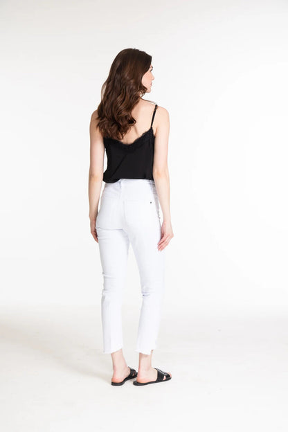 CONTOUR WAIST ASYMMETRICAL FRINGE HEM ANKLE JEAN - medium indigo only
