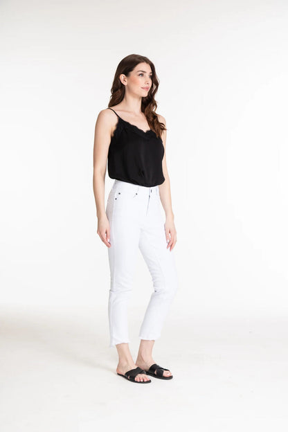 CONTOUR WAIST ASYMMETRICAL FRINGE HEM ANKLE JEAN - medium indigo only