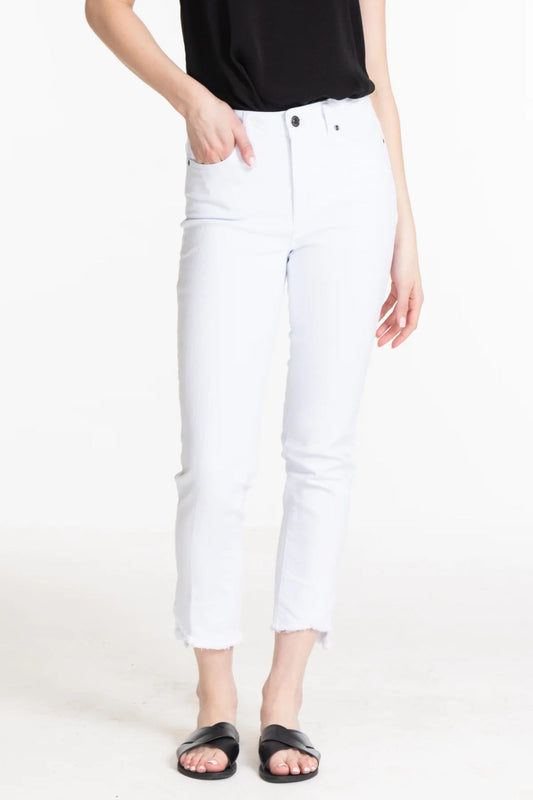 CONTOUR WAIST ASYMMETRICAL FRINGE HEM ANKLE JEAN - medium indigo only