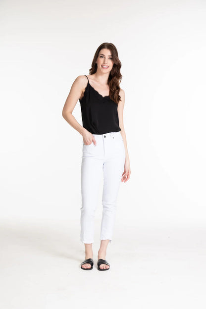 CONTOUR WAIST ASYMMETRICAL FRINGE HEM ANKLE JEAN - medium indigo only