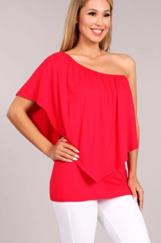 Convertible Elasticized Neckline Top - Red