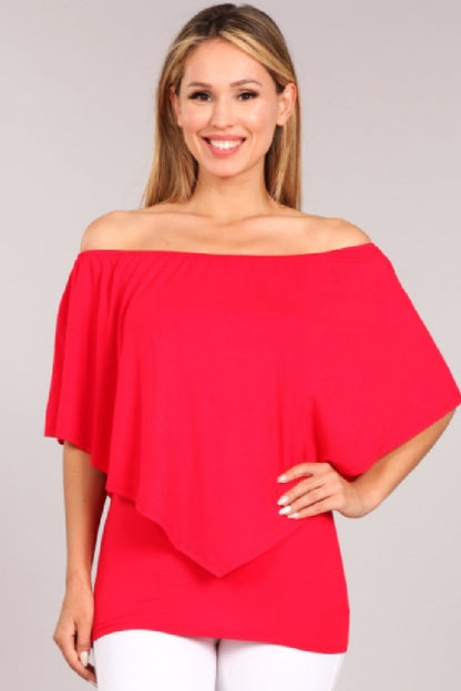 Convertible Elasticized Neckline Top - Red