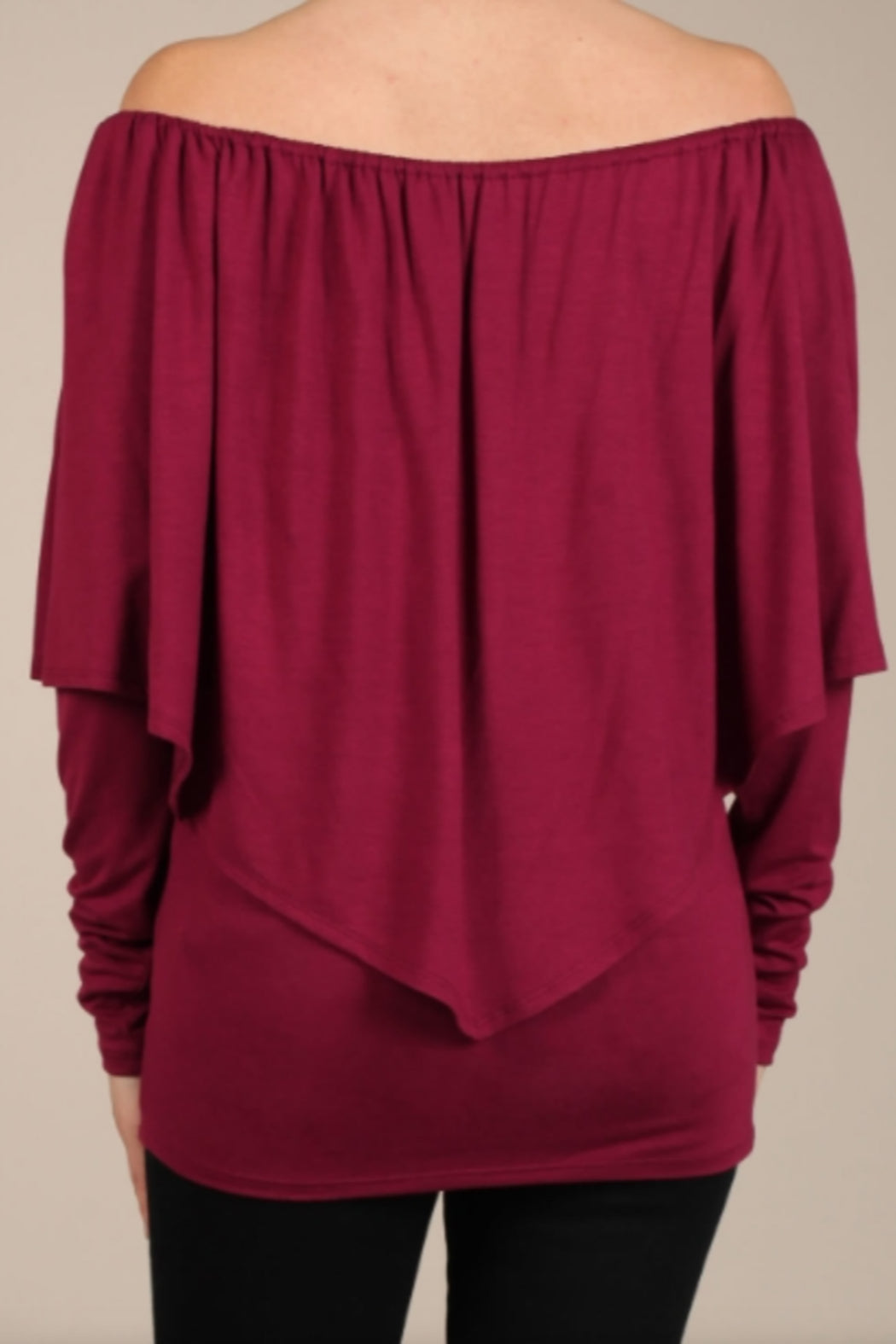 Convertible Neckline Long Sleeve Top - Burgandy