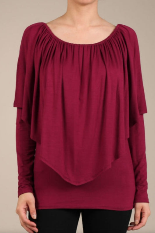 Convertible Neckline Long Sleeve Top - Burgandy