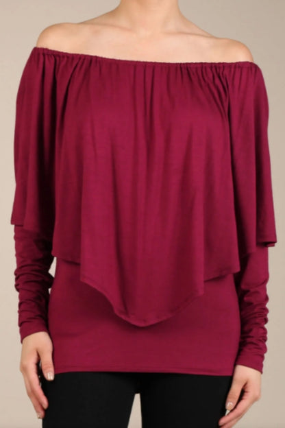 Convertible Neckline Long Sleeve Top - Burgandy