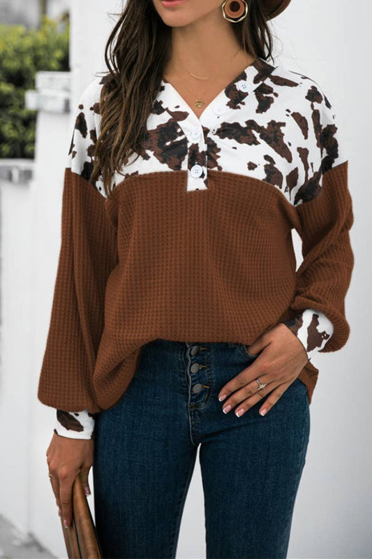 Cow Print Splicing Buttons Top