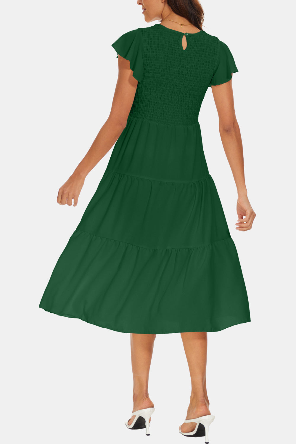 Round Neck Smocked Flutter Sleeve Tiered Dress