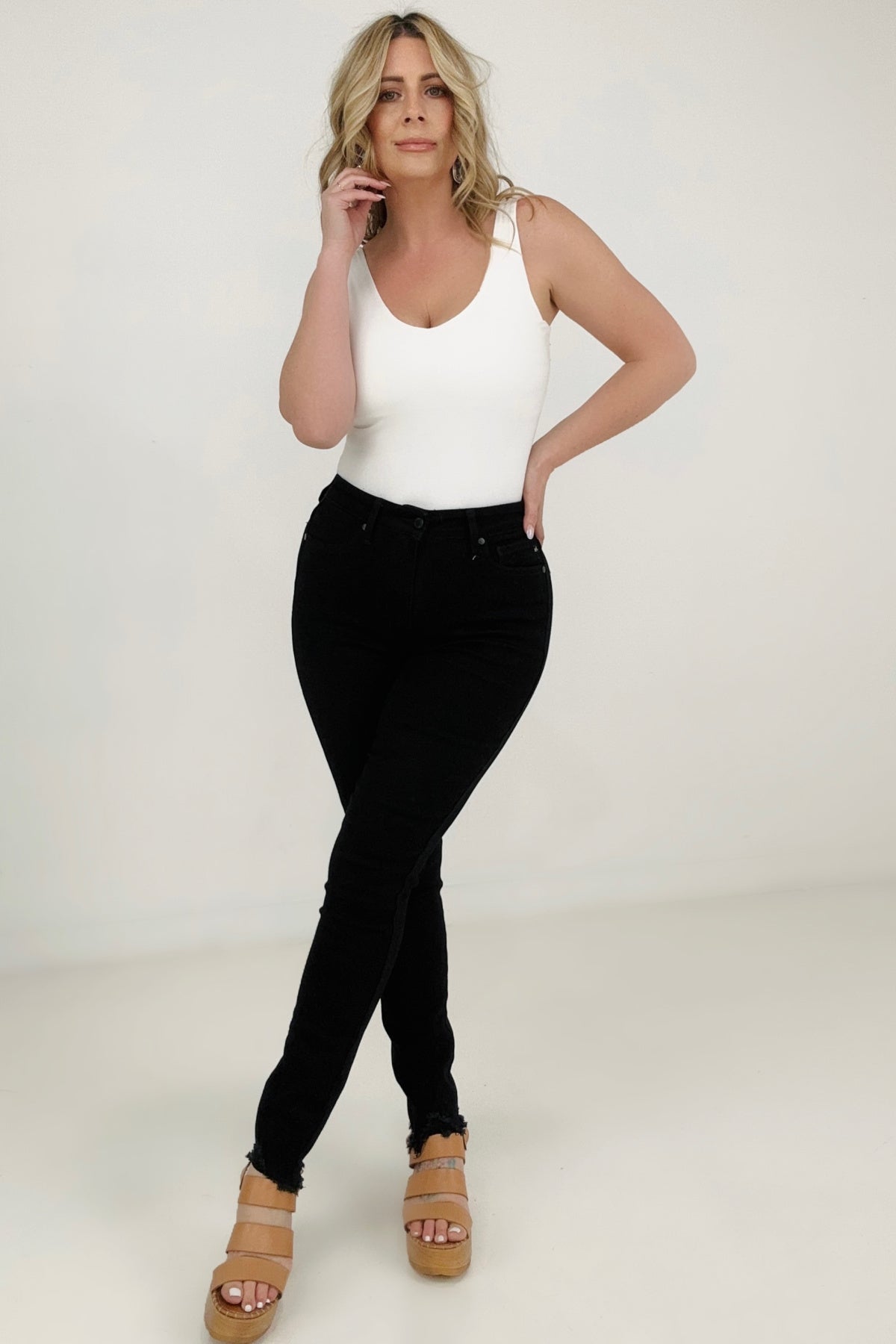 Judy Blue High Waist "Control Top" With Shark Hem & Back Shield Pkt Skinny Jeans