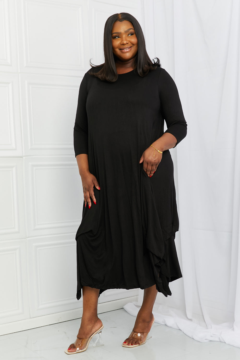 Celeste Good Days Full Size Round Neck Midi Dress in Black