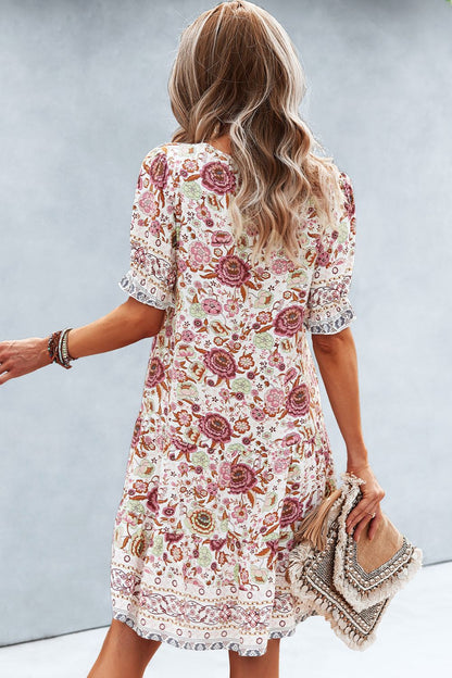 Floral V-Neck Flounce Sleeve Dress