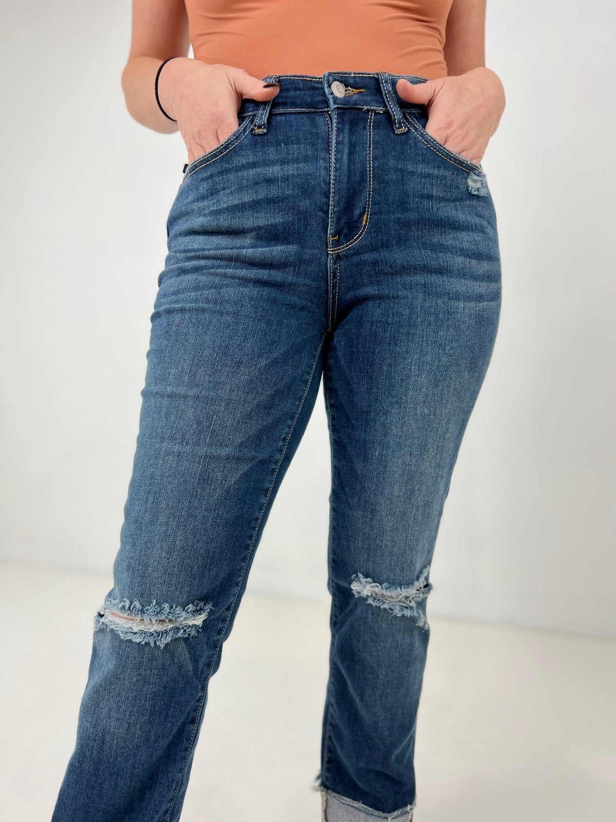 Judy Blue Mid Rise Tall Minimal Destroy Straight Jeans